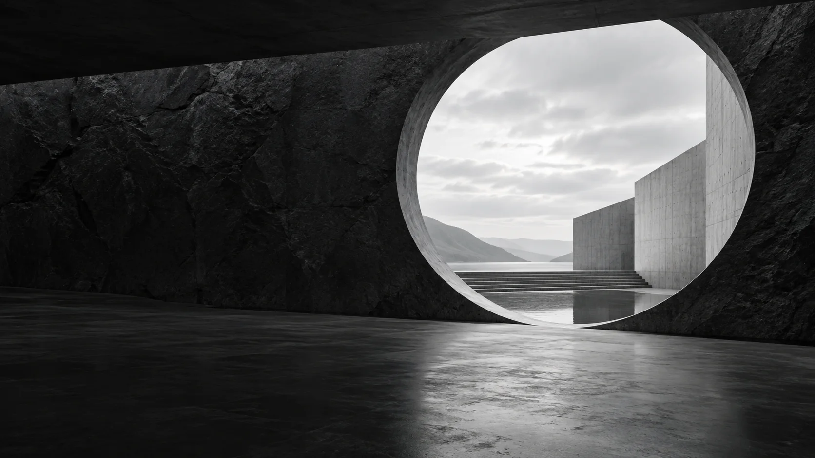Monumental circular opening carved into black stone architecture