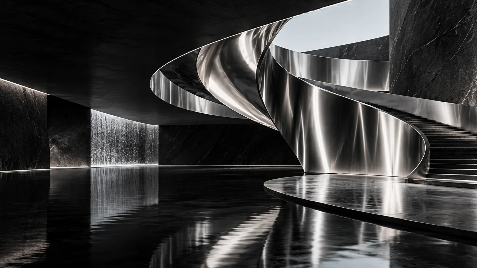 Sculptural silver staircase rising through a black stone interior
