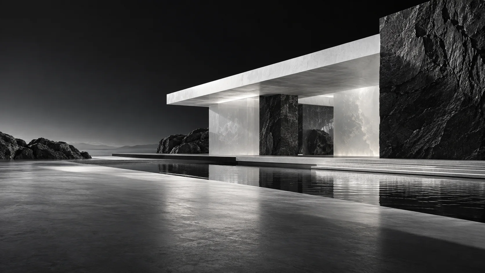 Precise black stone and translucent white material pavilion